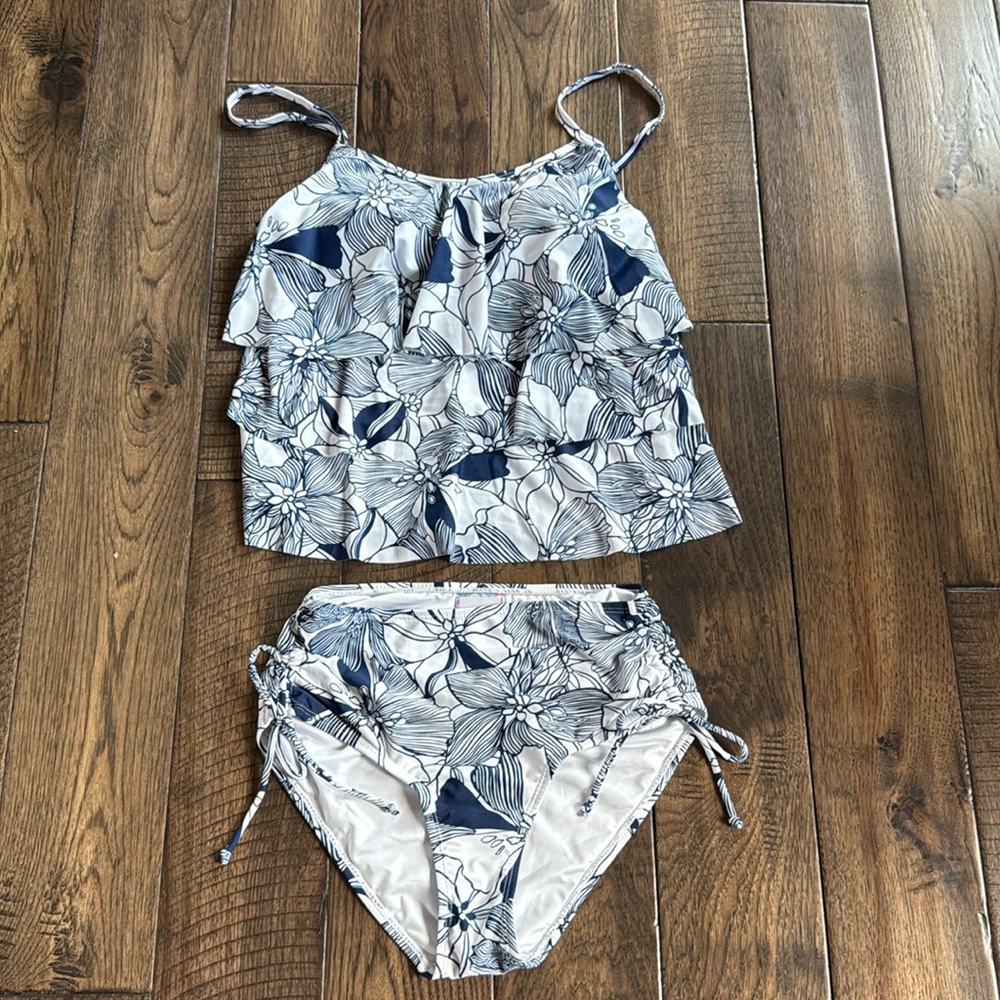 Stella Parker NWT Women's Triple Tier Tankini Swim Set White Blue Small